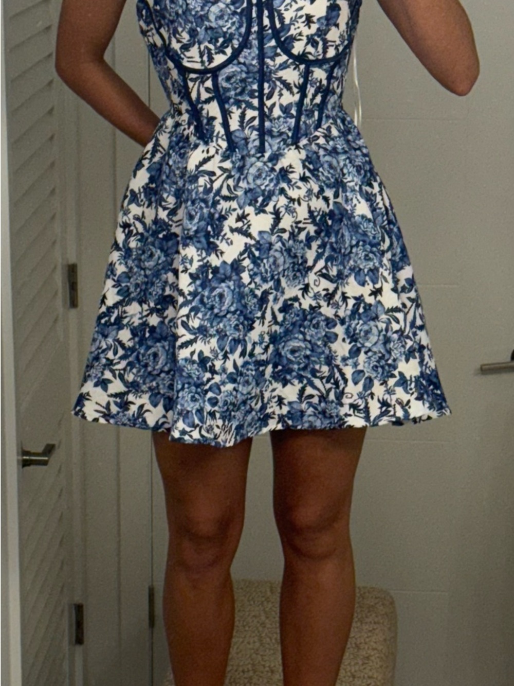 Blue and White Floral Corset Mini Dress